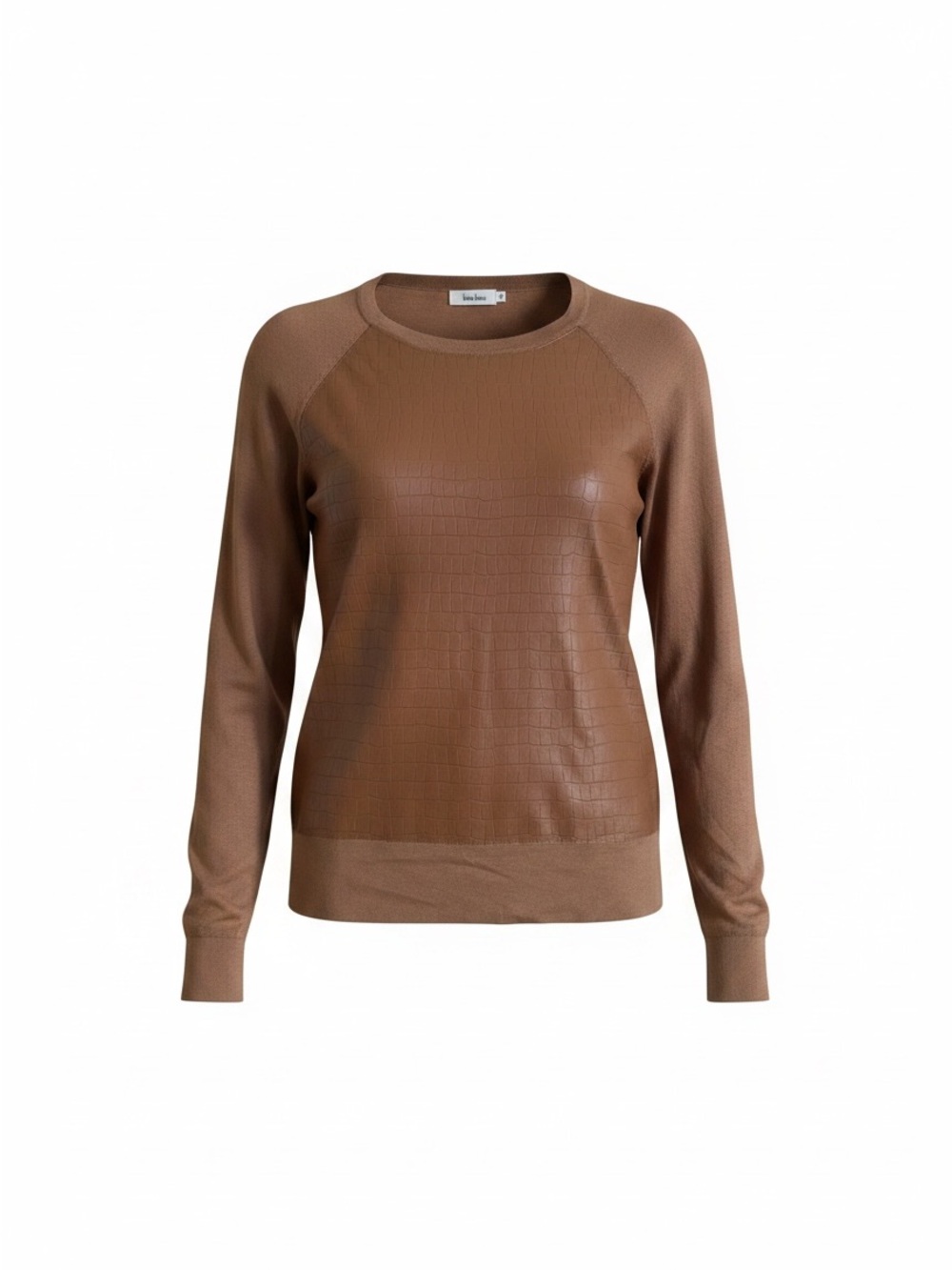 Neiman Marcus Brown Faux-Leather Panel Crewneck Sweater